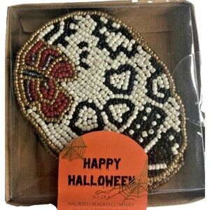 Halloween Fall Beaded Skull Drink Coasters Set of 4 White Gold Satin Backed